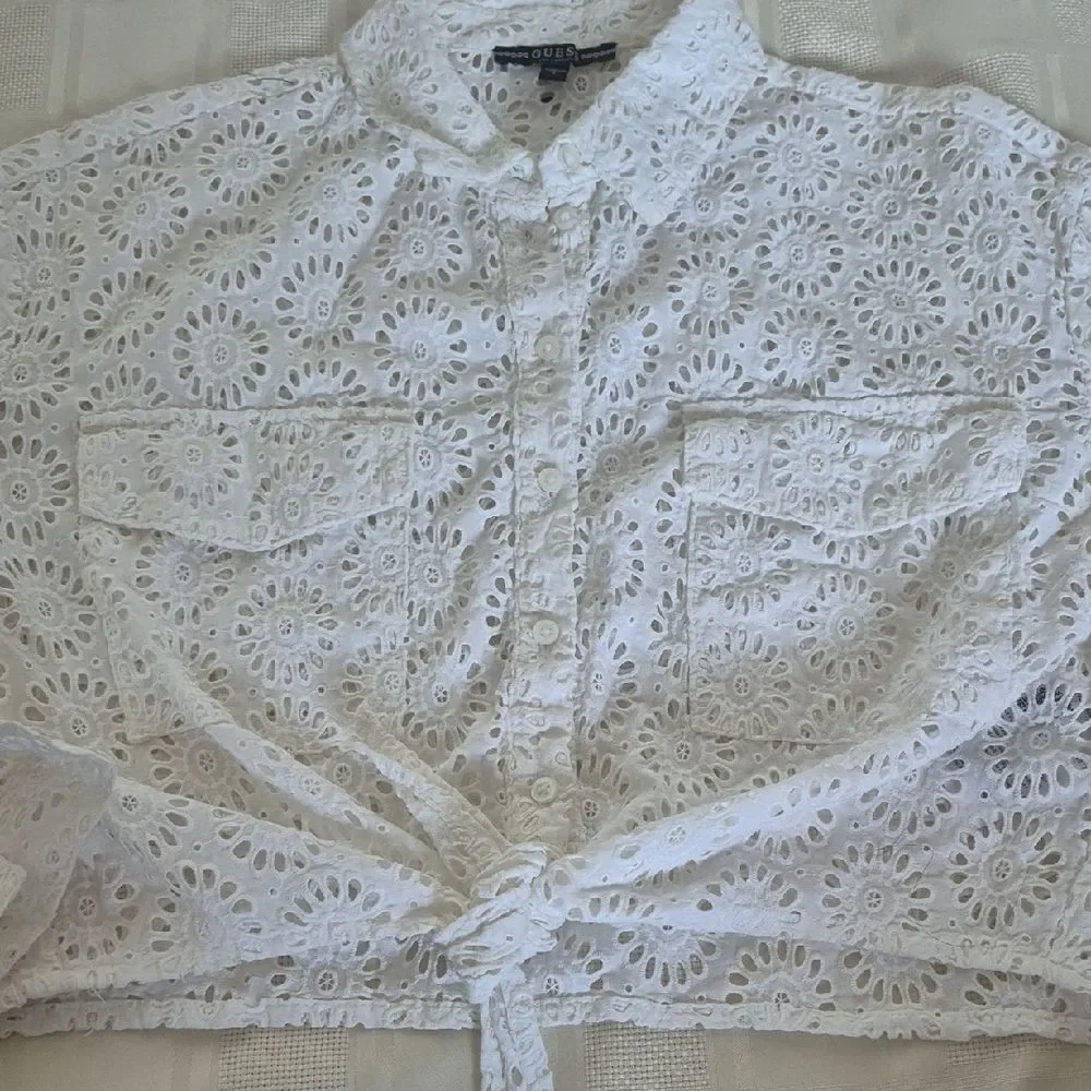 Guess White Embroidered Eyelet Button-Down Shirt - Picture 15 of 16